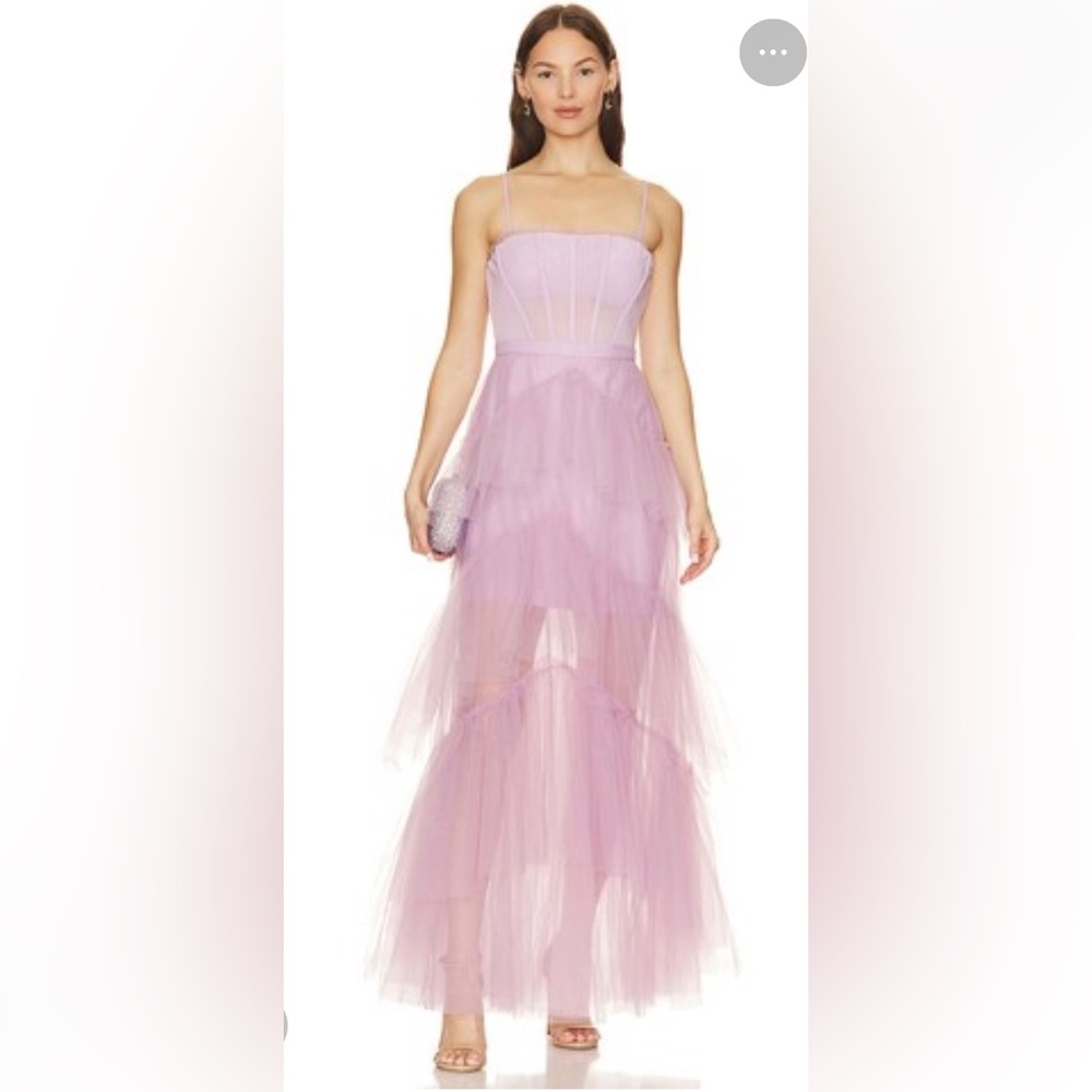 BCBGMaxAzria Lavender Orchid Tiered Tulle Maxi Gown with Spaghetti Straps